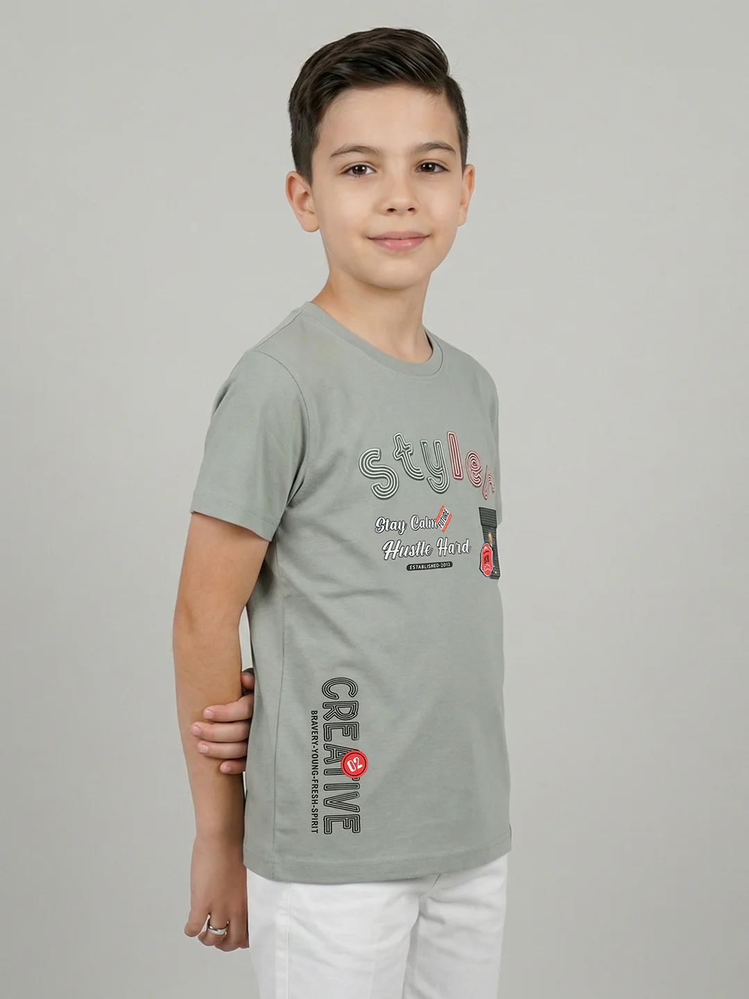 Boys Grey Printed Round Neck Half Sleeve T-Shirt - Image 2