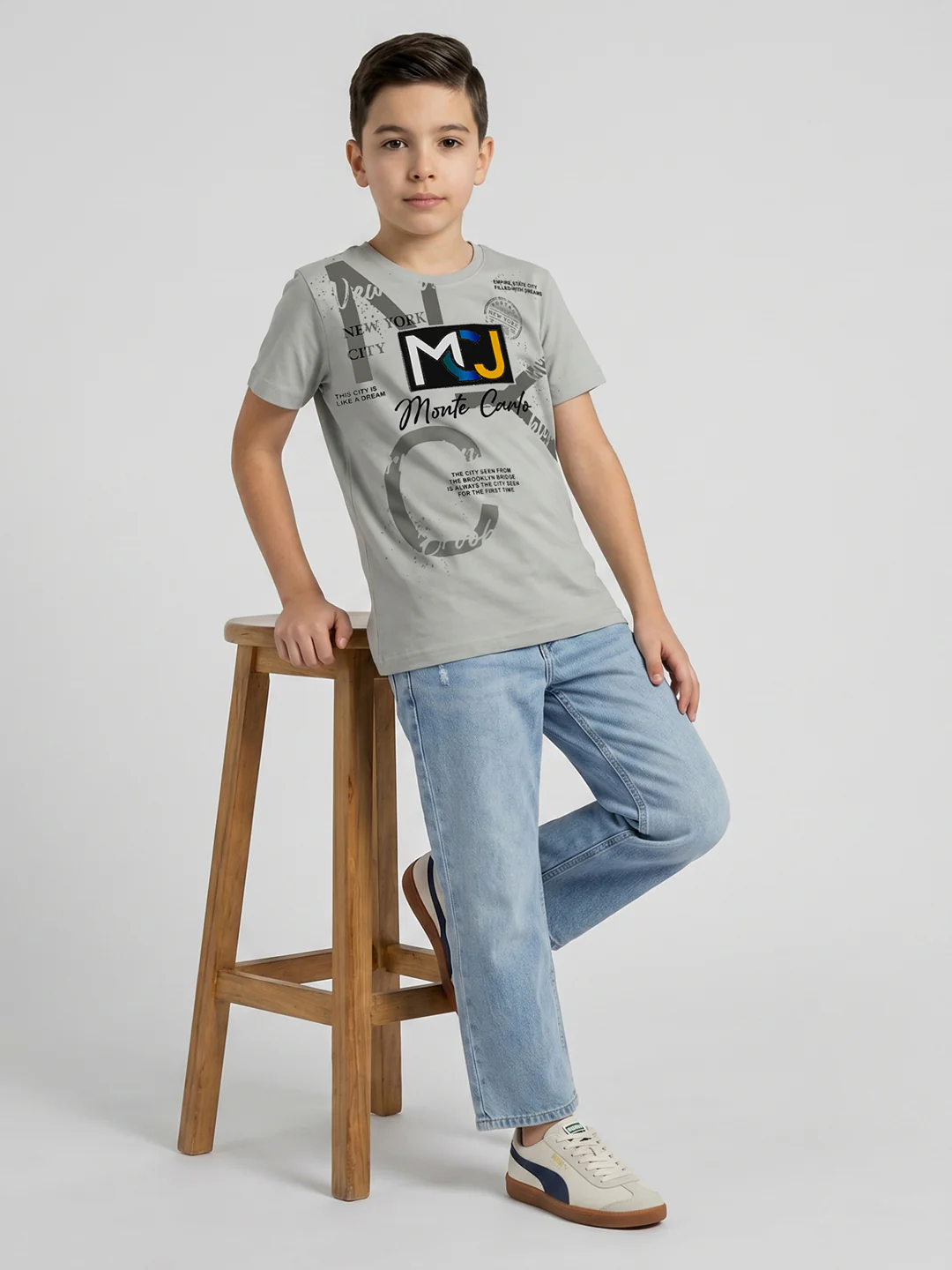 Boys Grey Printed Round Neck Half Sleeve T-Shirt - Image 5