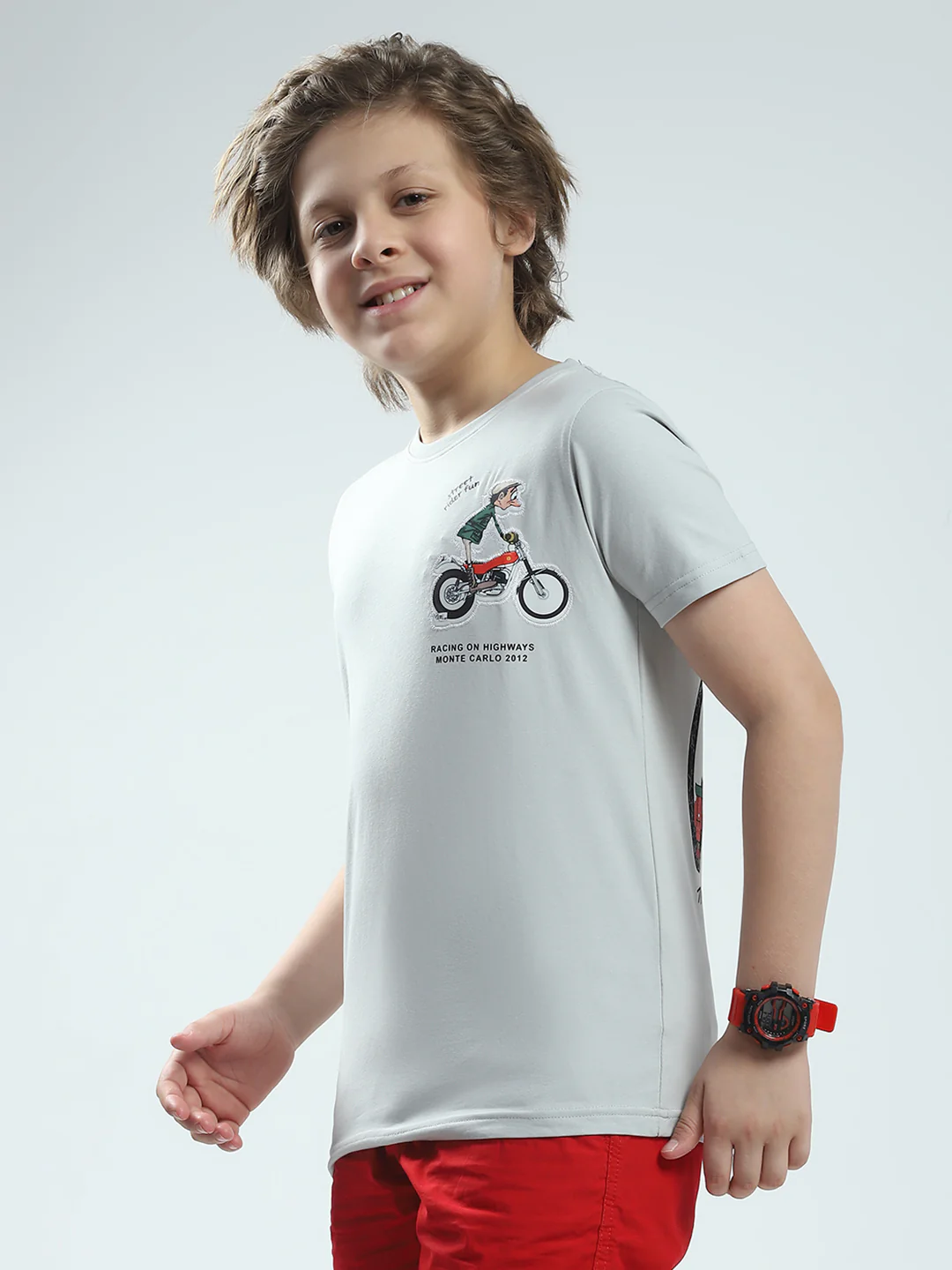 Boys Grey Printed Round Neck Half Sleeve T-Shirt - Image 3