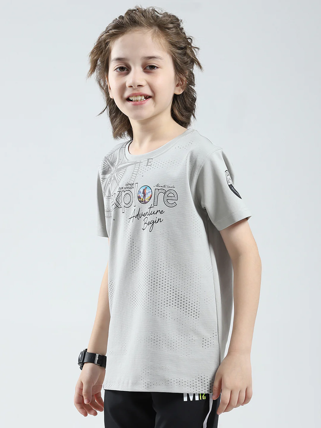 Boys Grey Printed Round Neck Half Sleeve T-Shirt - Image 3