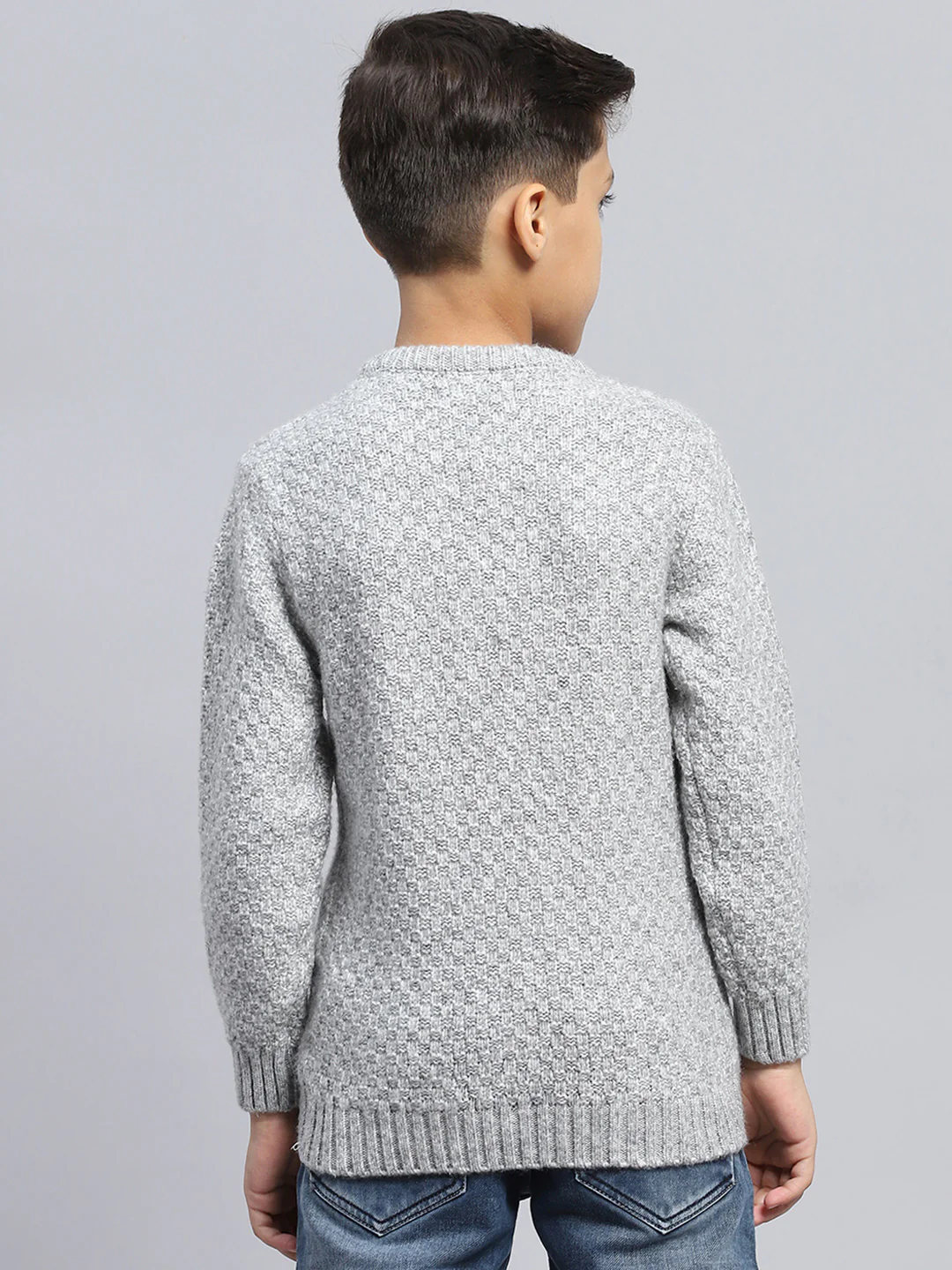Boys Grey Self Design Round Neck Full Sleeve Pullover - Image 5