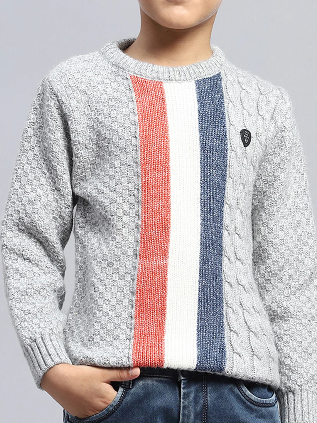 Boys Grey Self Design Round Neck Full Sleeve Pullover - Image 6