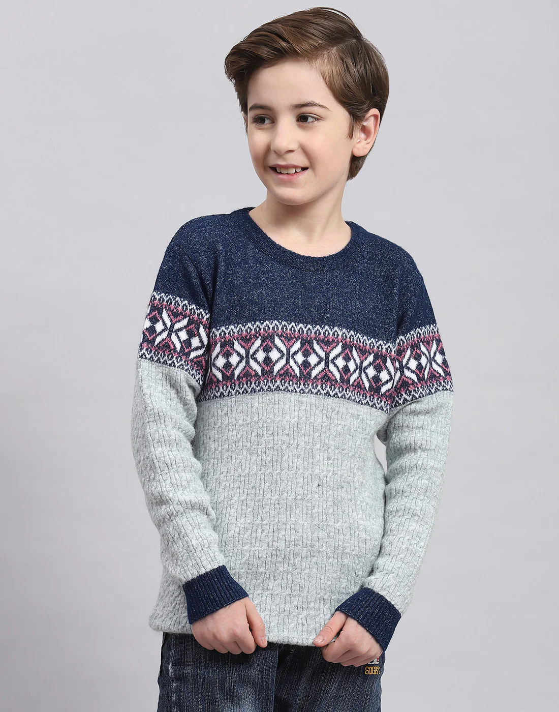Boys Grey Self Design Round Neck Full Sleeve Sweater - Image 2