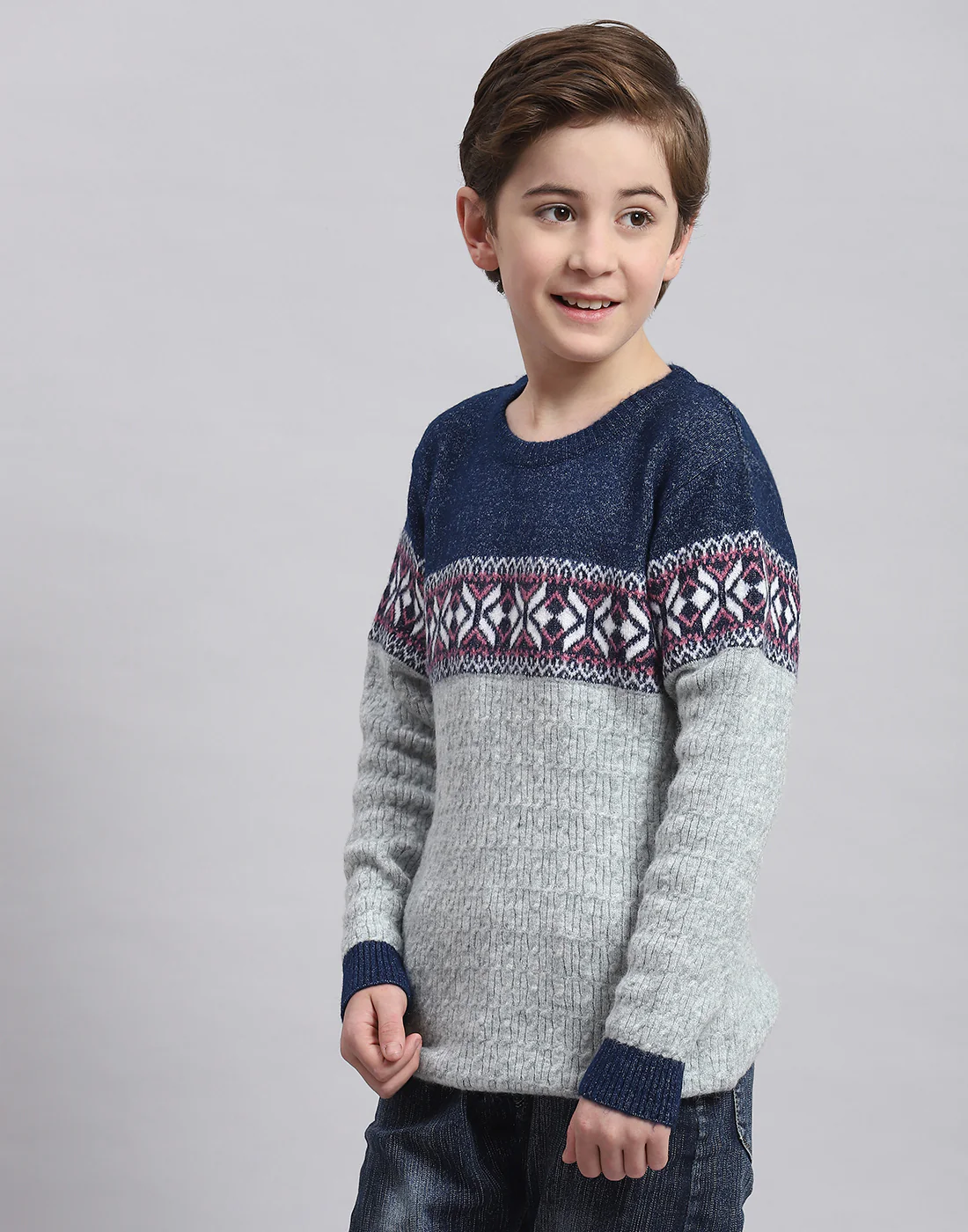 Boys Grey Self Design Round Neck Full Sleeve Sweater - Image 3