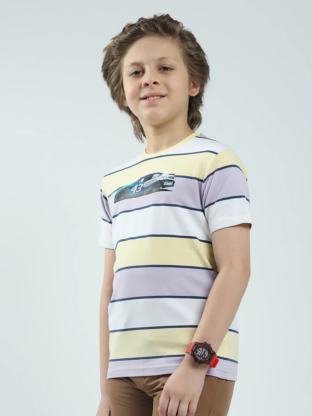 Boys Grey & Yellow Stripe Round Neck Half Sleeve T-Shirt - Image 3