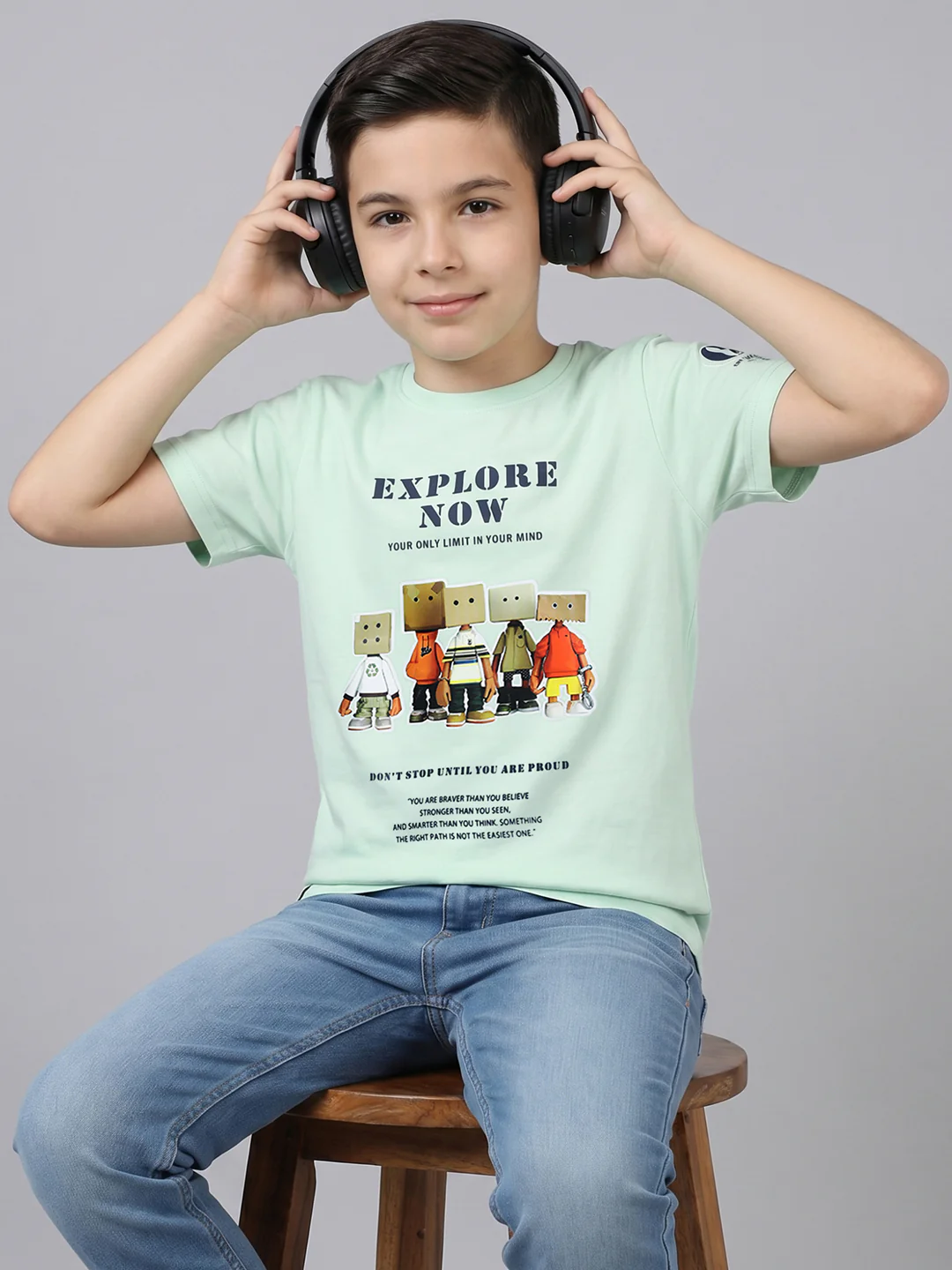 Boys Light Green Printed Round Neck Half Sleeve T-Shirt - Image 5
