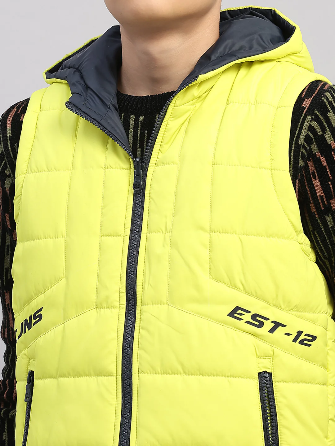 Boys Lime Green Printed Collar Sleeveless Reversible Jacket - Image 10
