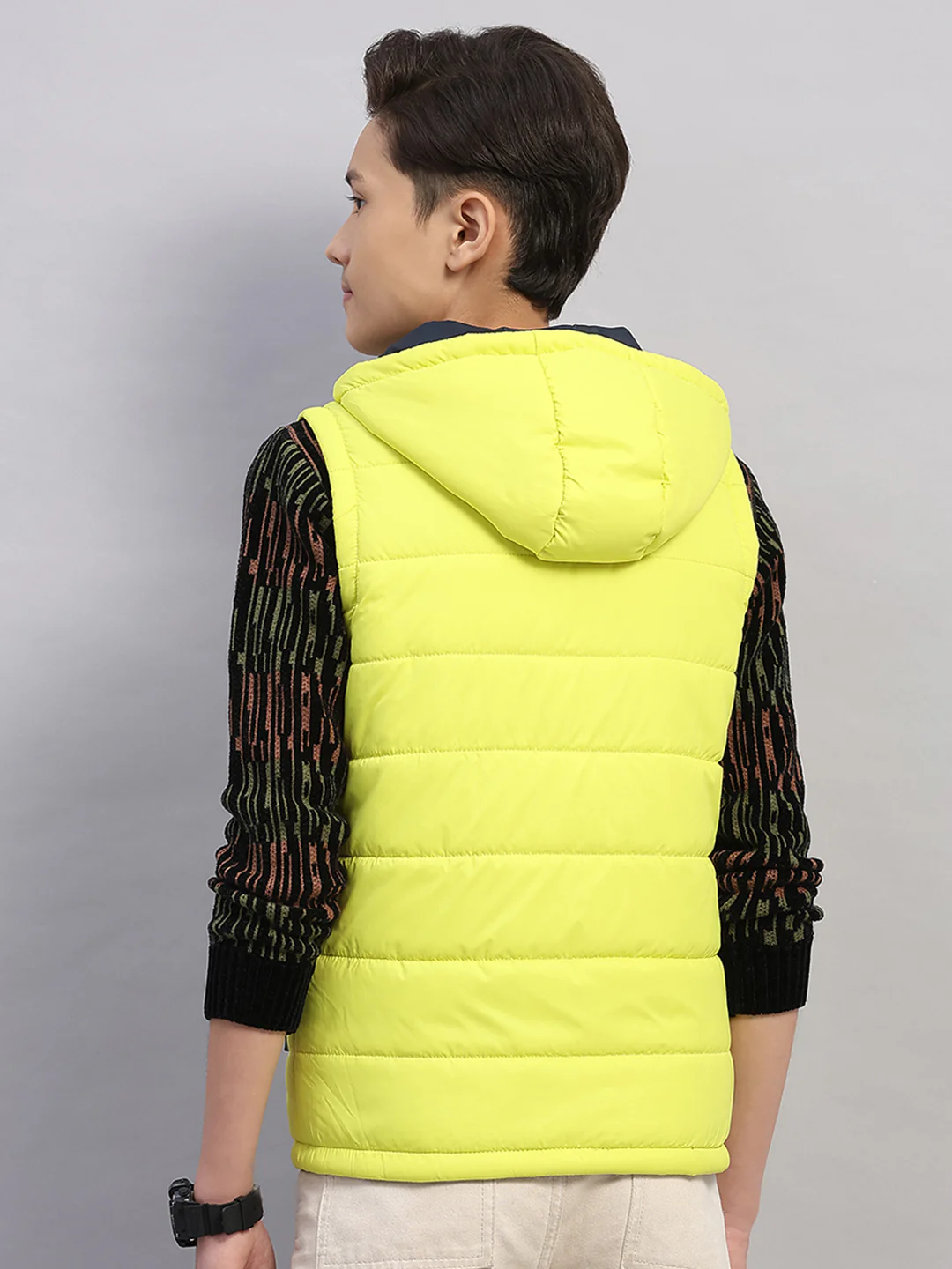 Boys Lime Green Printed Collar Sleeveless Reversible Jacket - Image 5