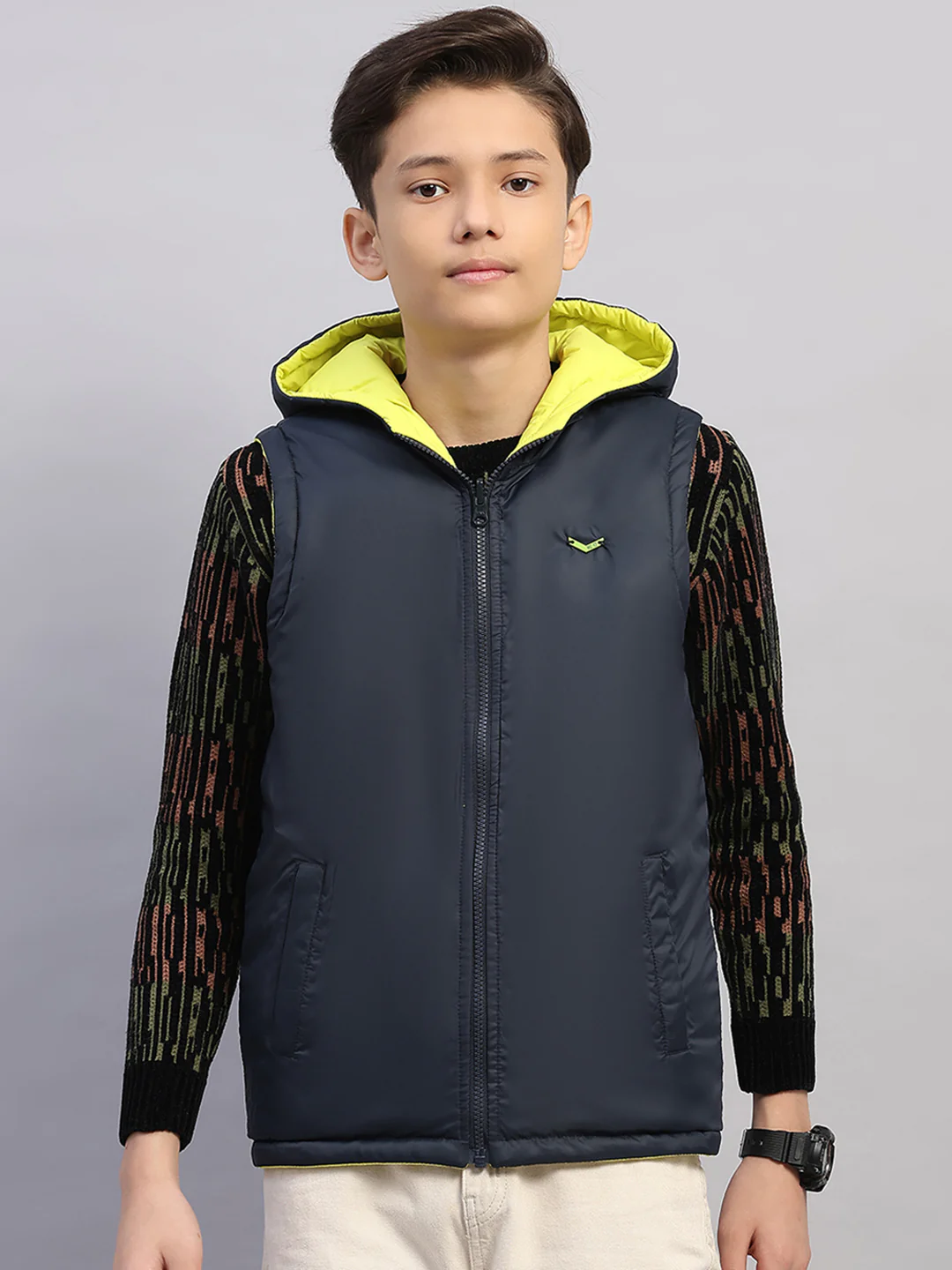 Boys Lime Green Printed Collar Sleeveless Reversible Jacket - Image 7