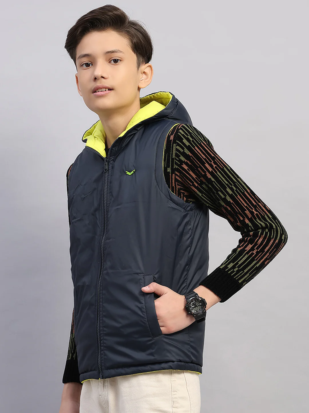 Boys Lime Green Printed Collar Sleeveless Reversible Jacket - Image 8