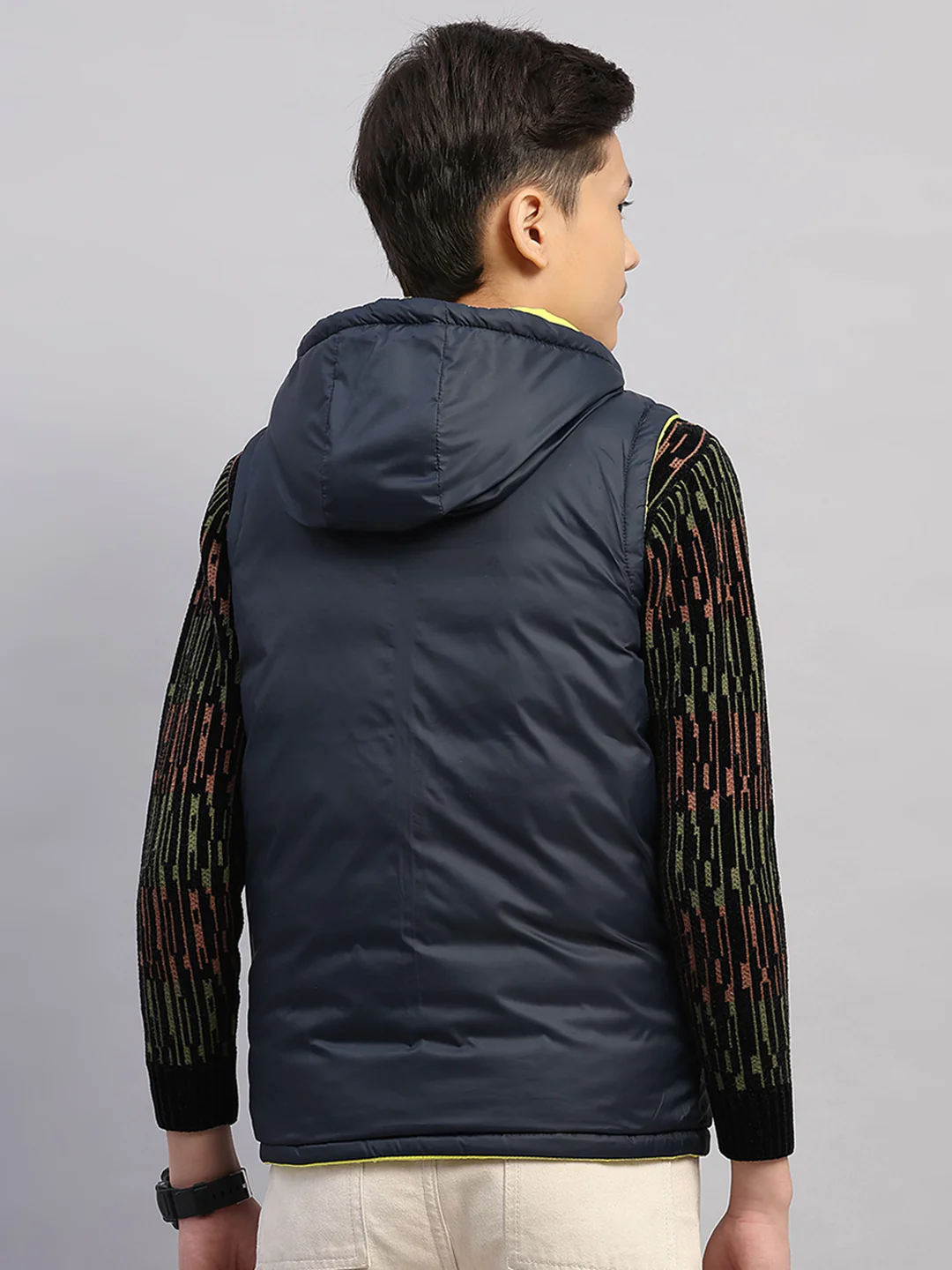 Boys Lime Green Printed Collar Sleeveless Reversible Jacket - Image 9