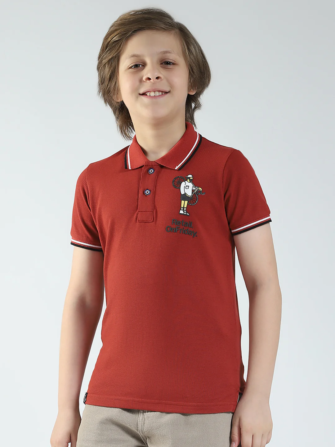 Boys Maroon Printed Collar Half Sleeve T-Shirt - Image 3