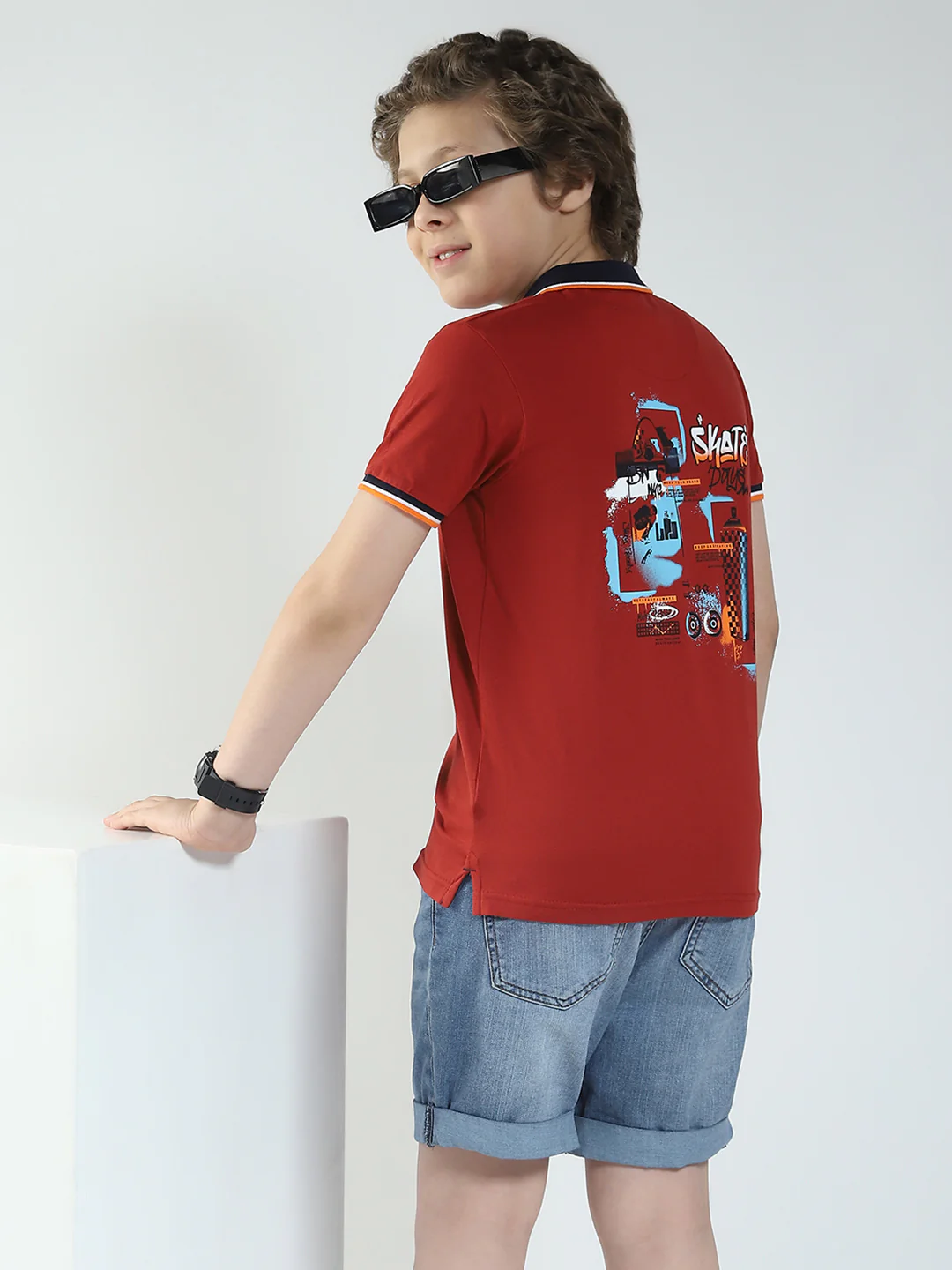 Boys Maroon Printed Collar Half Sleeve T-Shirt - Image 6