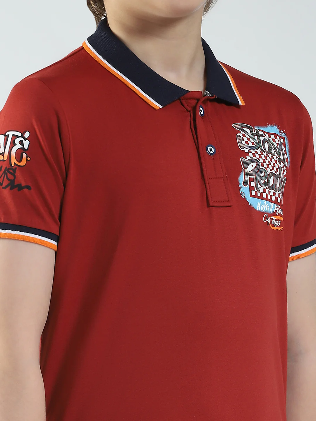 Boys Maroon Printed Collar Half Sleeve T-Shirt - Image 7