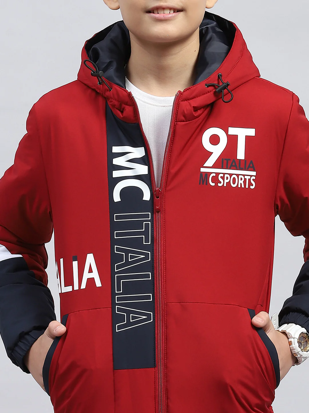 Boys Maroon Printed Hooded Full Sleeve Jacket - Image 6