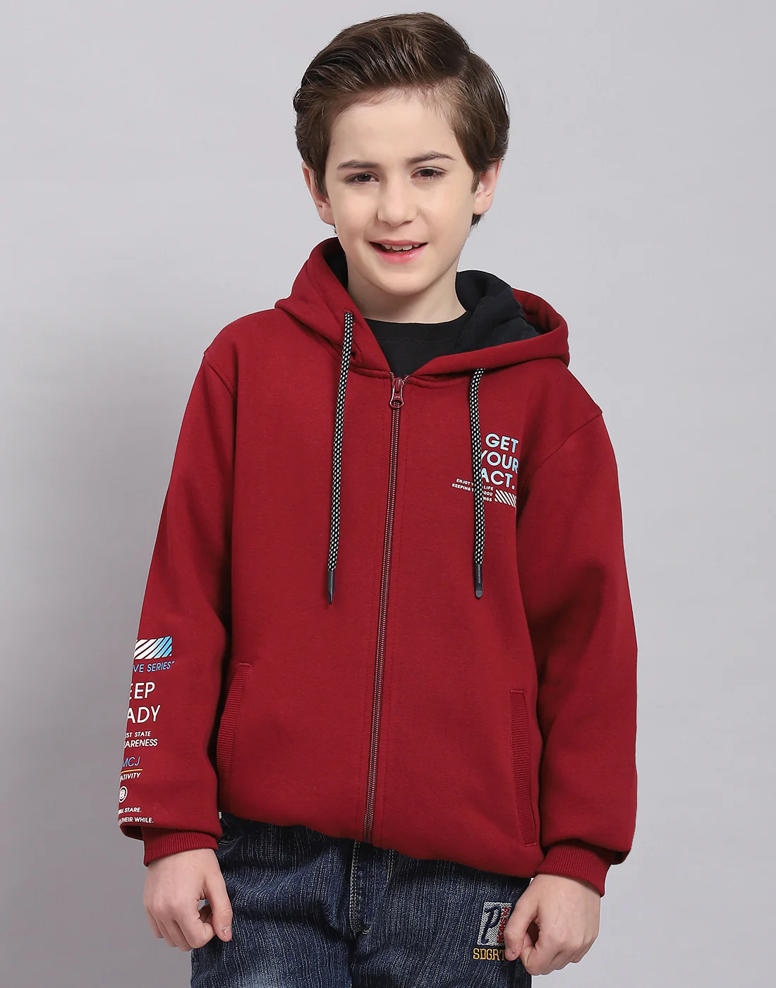 Boys Maroon Printed Hooded Full Sleeve Sweatshirt - Image 3