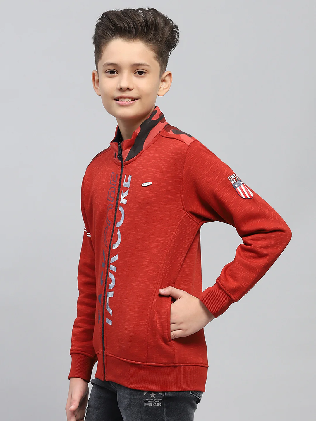 Boys Maroon Printed Mock Neck Full Sleeve Sweatshirt - Image 3