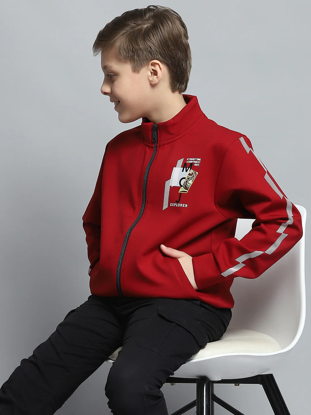 Boys Maroon Printed Mock Neck Full Sleeve Sweatshirt - Image 6