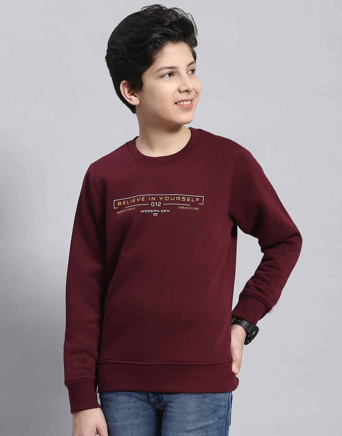 Boys Maroon Printed Round Neck Full Sleeve Sweatshirt - Image 2