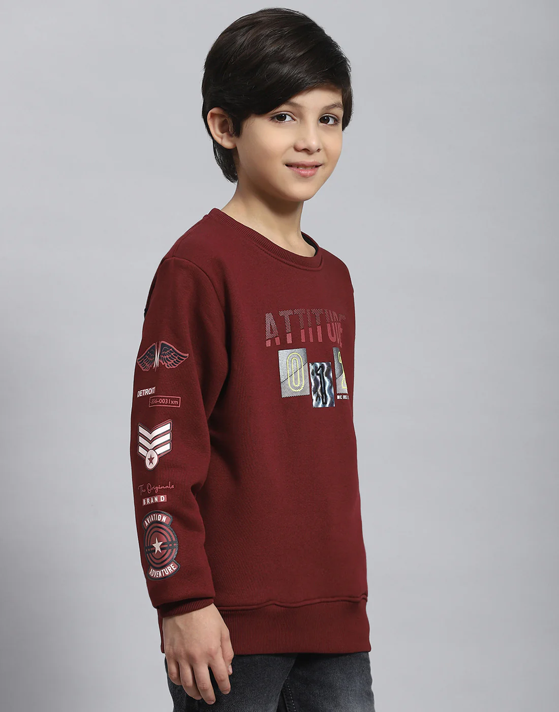Boys Maroon Printed Round Neck Full Sleeve Sweatshirt - Image 4