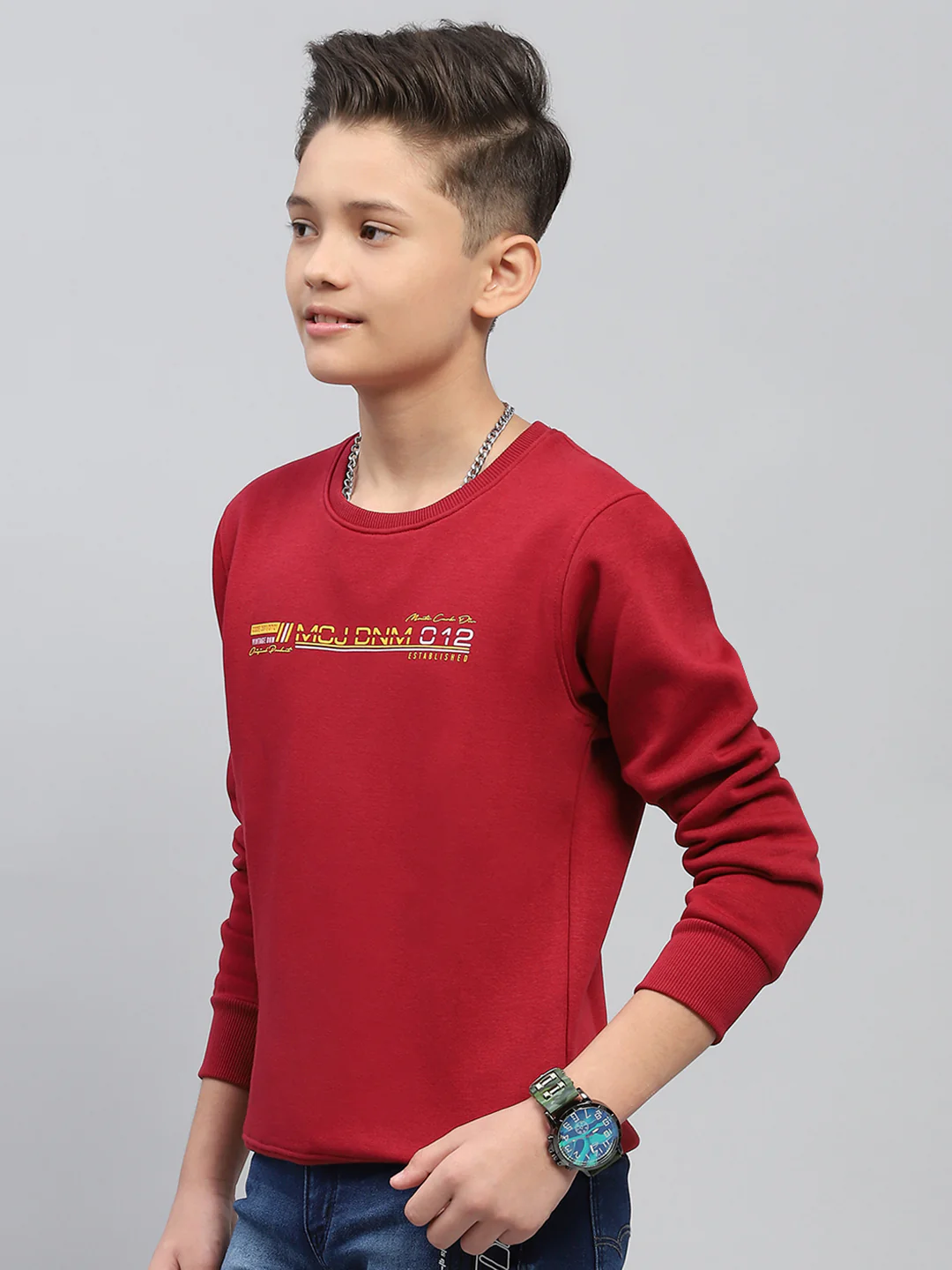 Boys Maroon Printed Round Neck Full Sleeve Sweatshirt - Image 3