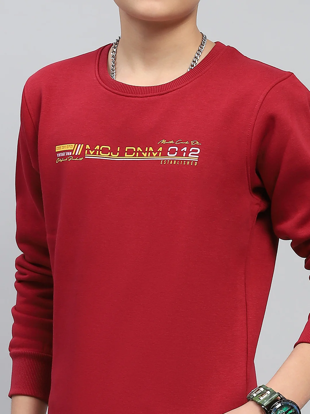 Boys Maroon Printed Round Neck Full Sleeve Sweatshirt - Image 6
