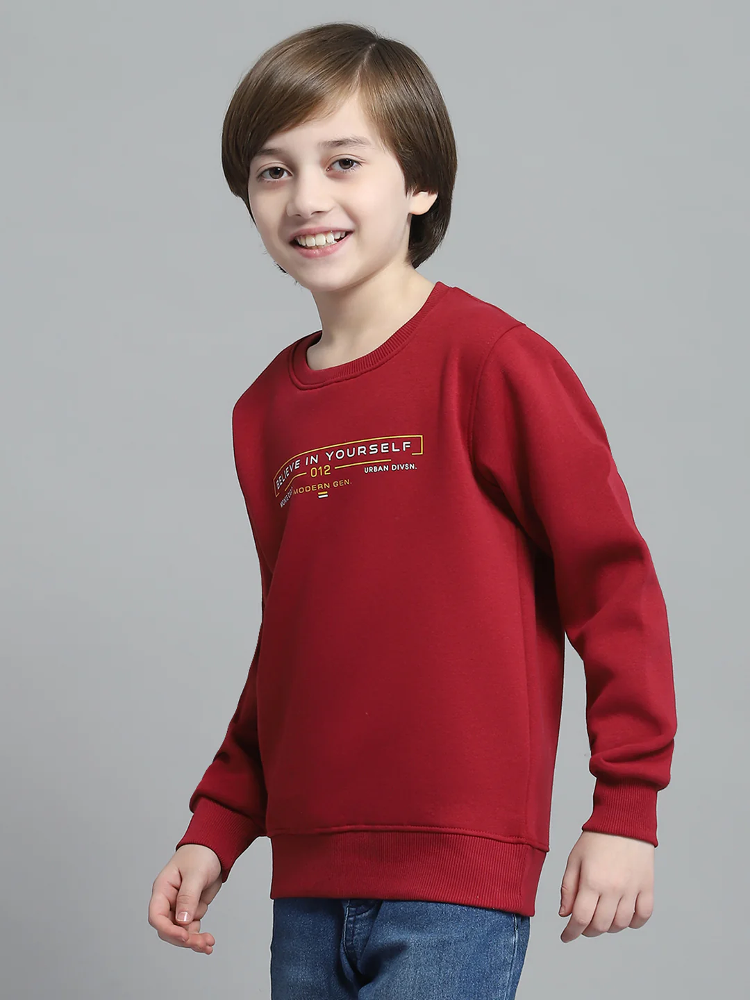 Boys Maroon Printed Round Neck Full Sleeve Sweatshirt - Image 3