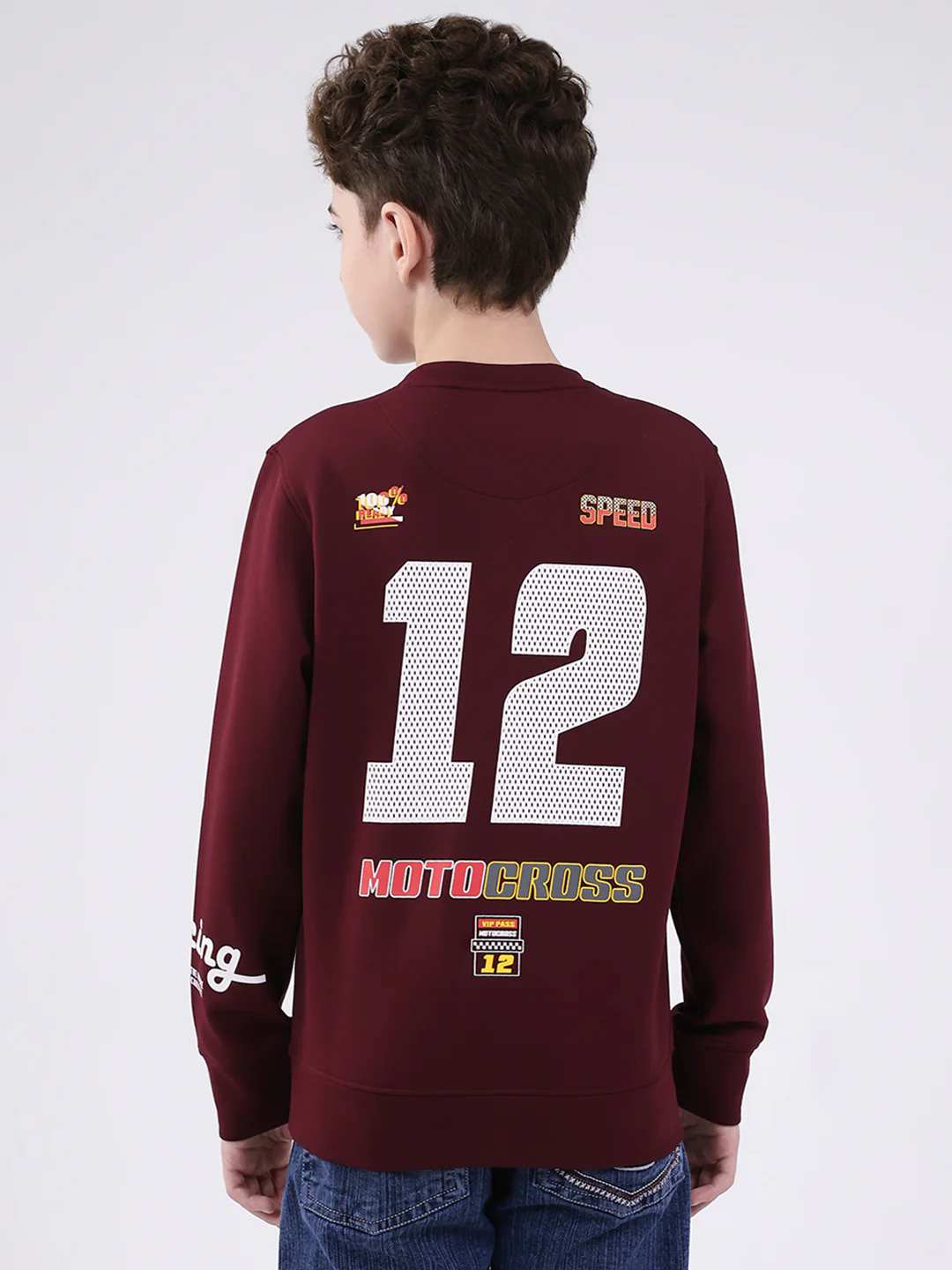 Boys Maroon Printed Round Neck Full Sleeve Sweatshirt - Image 5