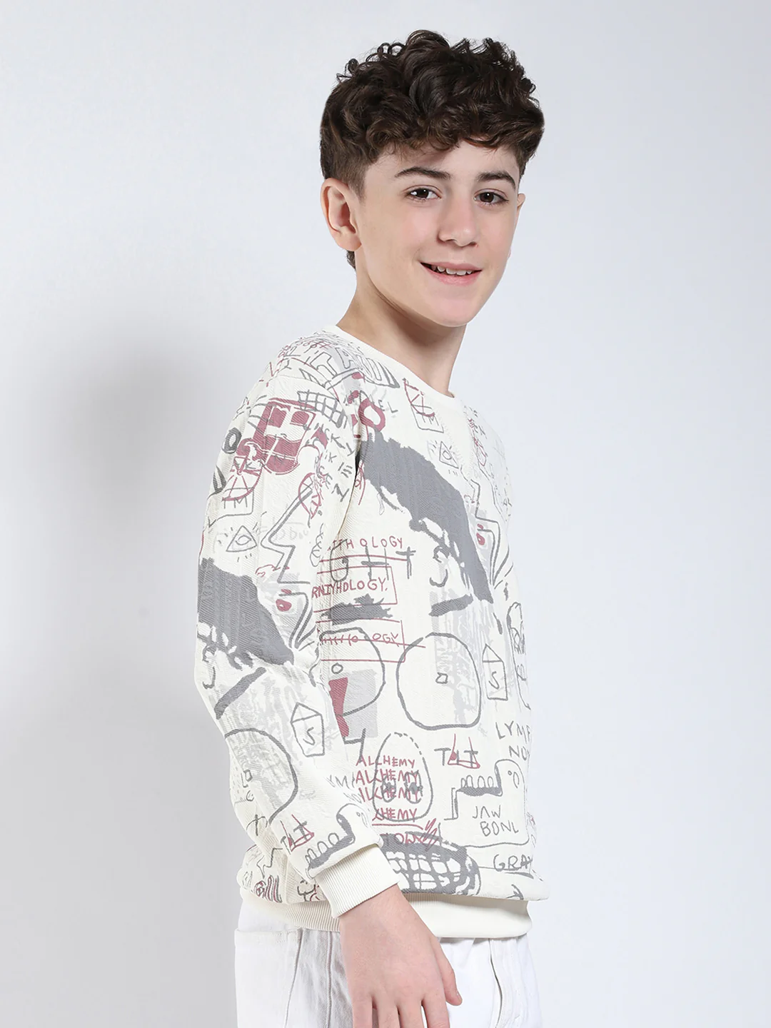 Boys Maroon Printed Round Neck Full Sleeve Sweatshirt - Image 4