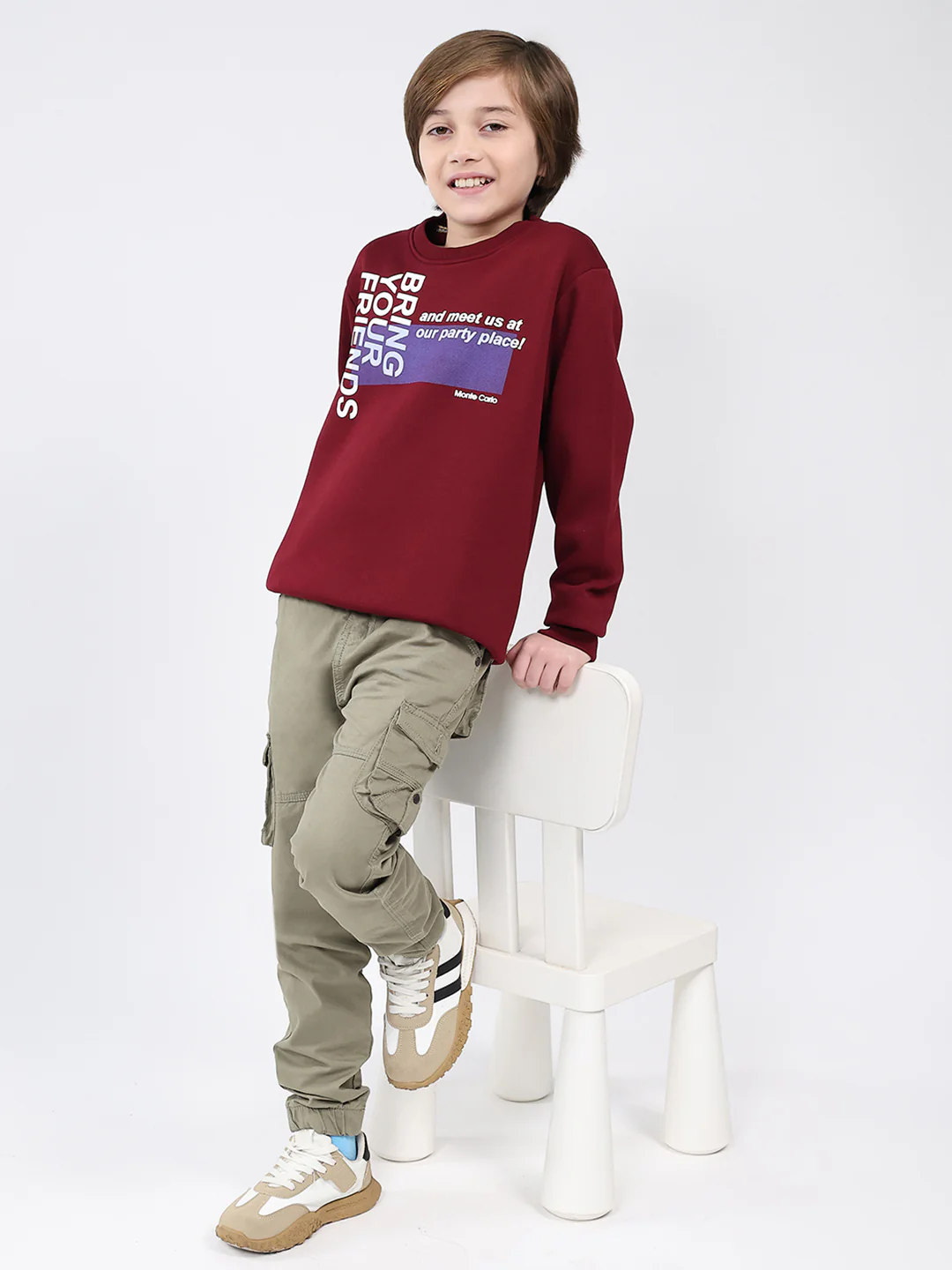 Boys Maroon Printed Round Neck Full Sleeve Sweatshirt - Image 2