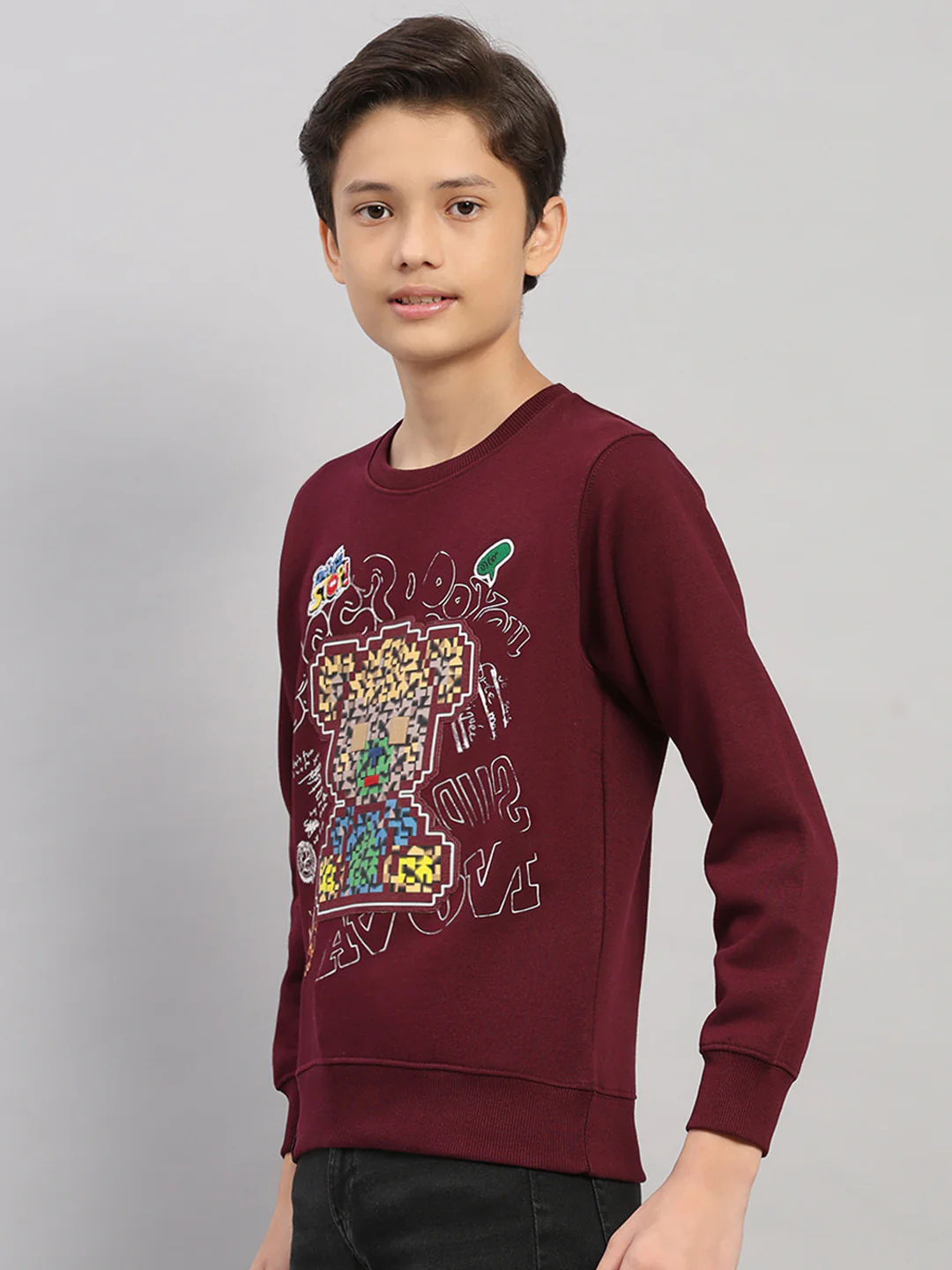 Boys Maroon Printed Round Neck Full Sleeve Sweatshirt - Image 3