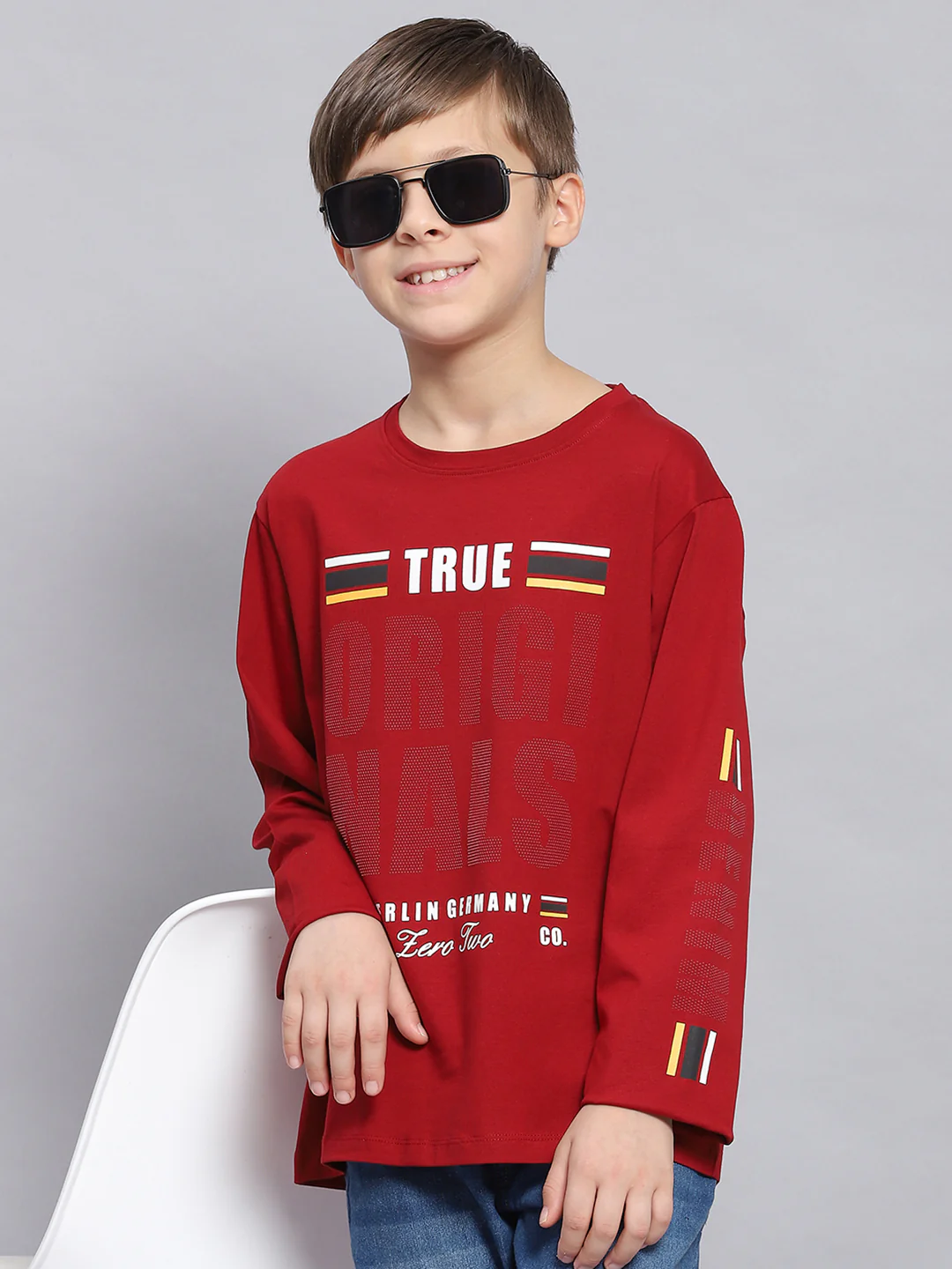 Boys Maroon Printed Round Neck Full Sleeve T-Shirts - Image 2