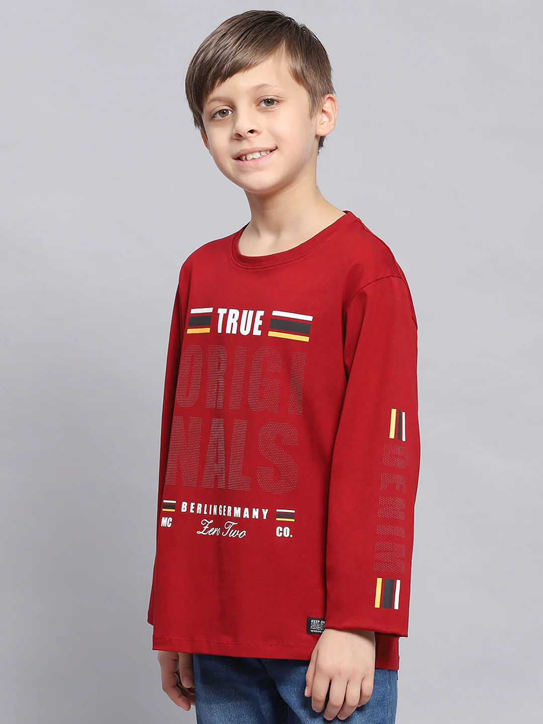 Boys Maroon Printed Round Neck Full Sleeve T-Shirts - Image 3
