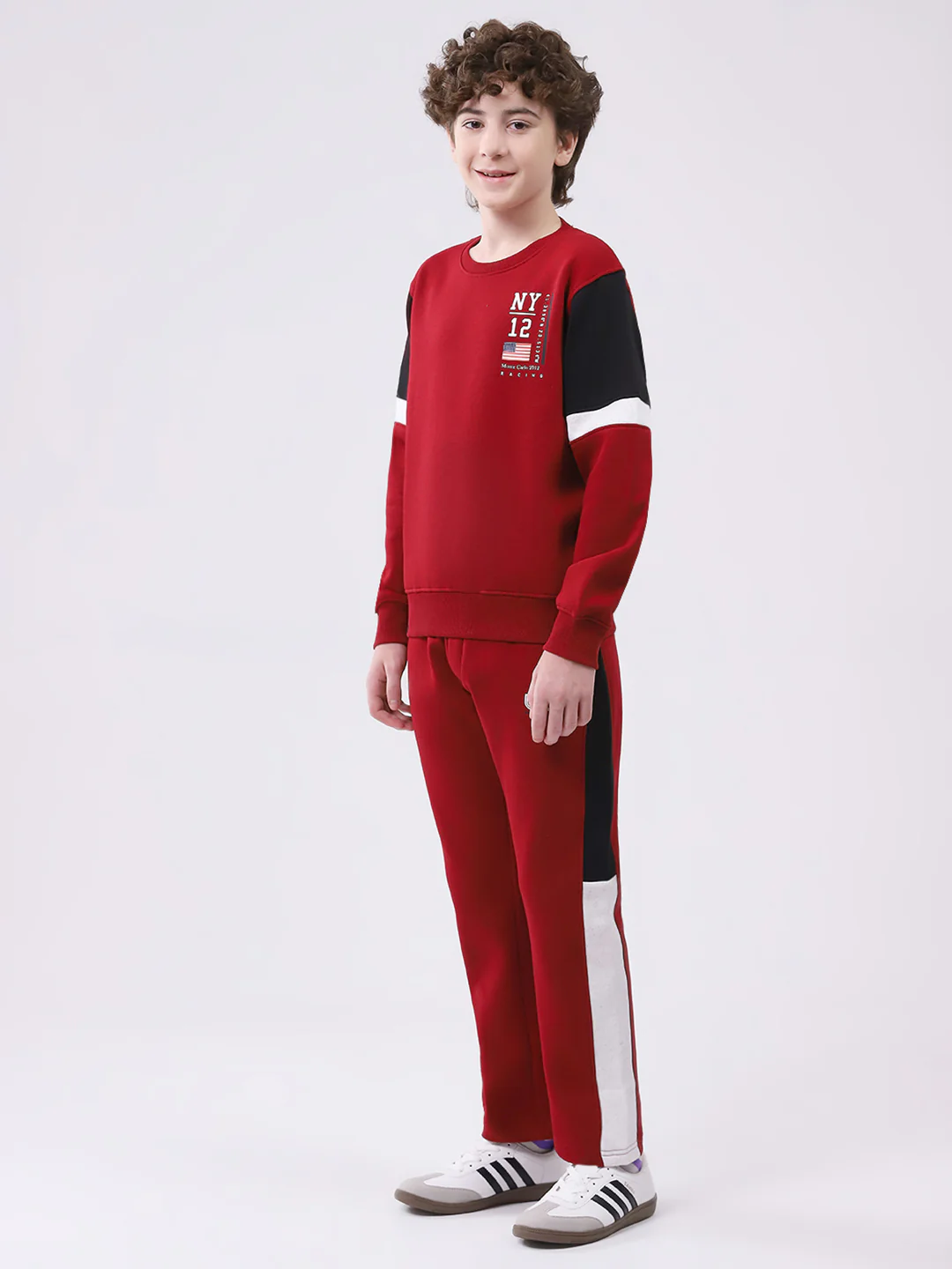 Boys Maroon Printed Round Neck Full Sleeve Winter Tracksuit - Image 3