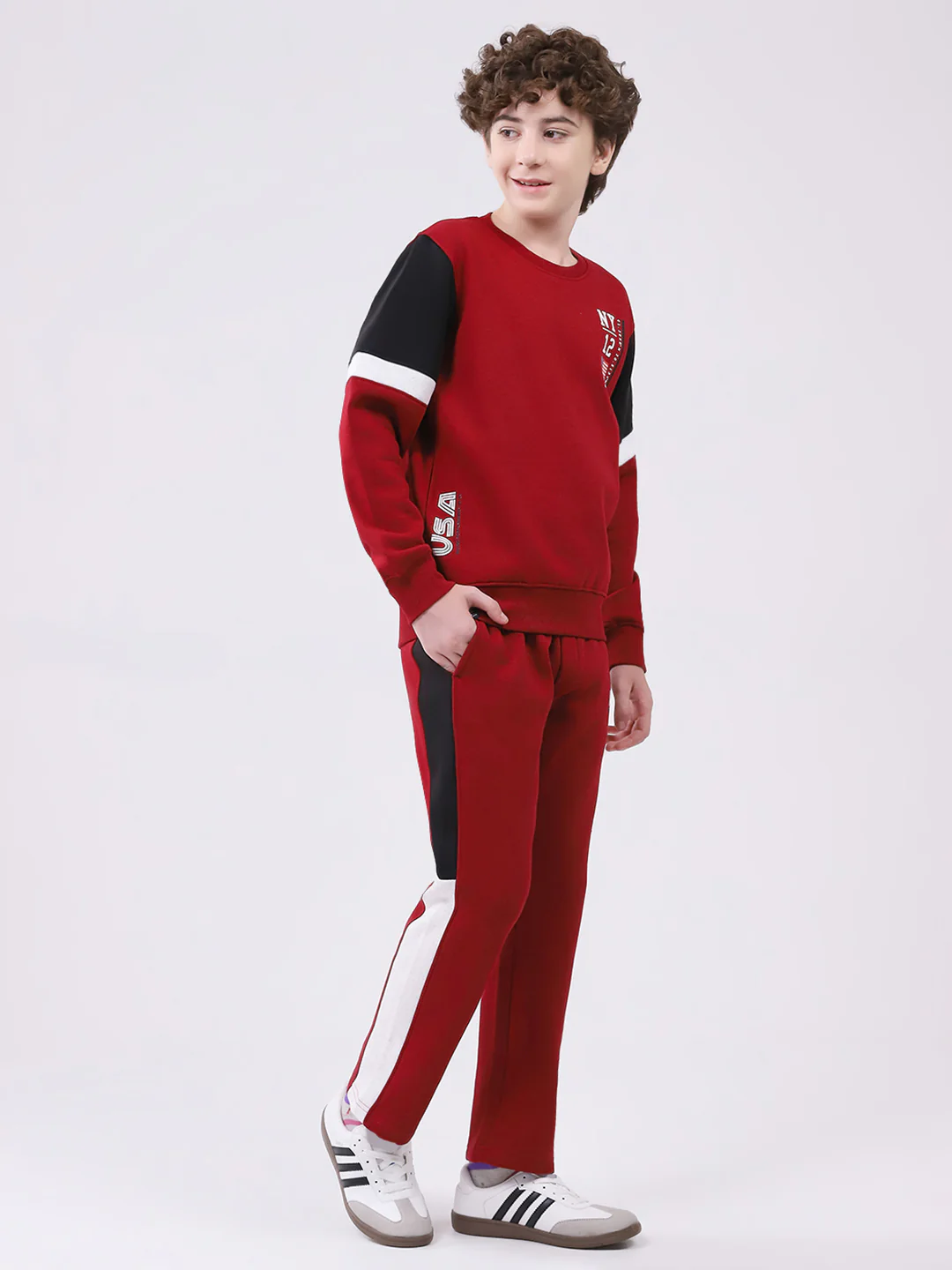 Boys Maroon Printed Round Neck Full Sleeve Winter Tracksuit - Image 4