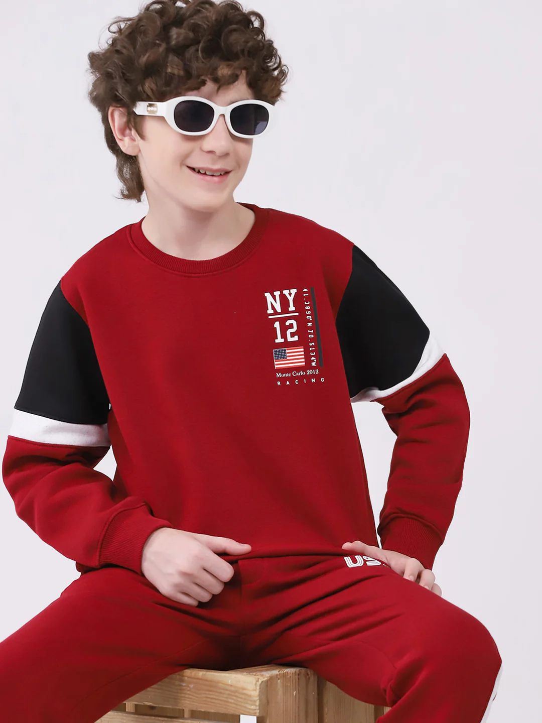 Boys Maroon Printed Round Neck Full Sleeve Winter Tracksuit - Image 6