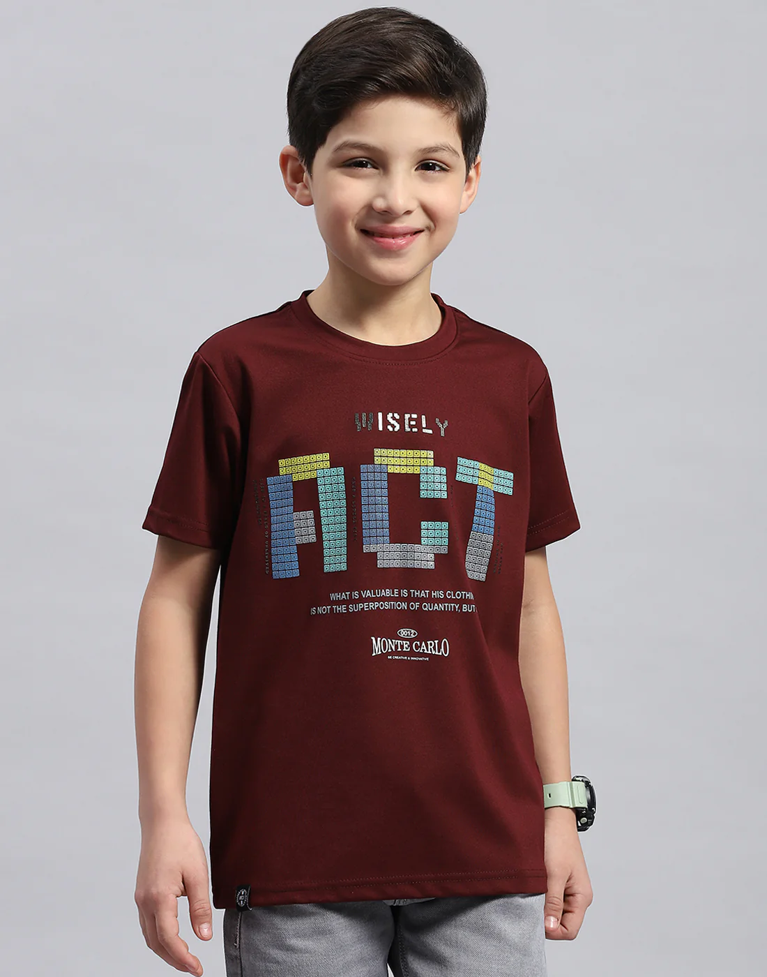 Boys Maroon Printed Round Neck Half Sleeve T-Shirt - Image 2