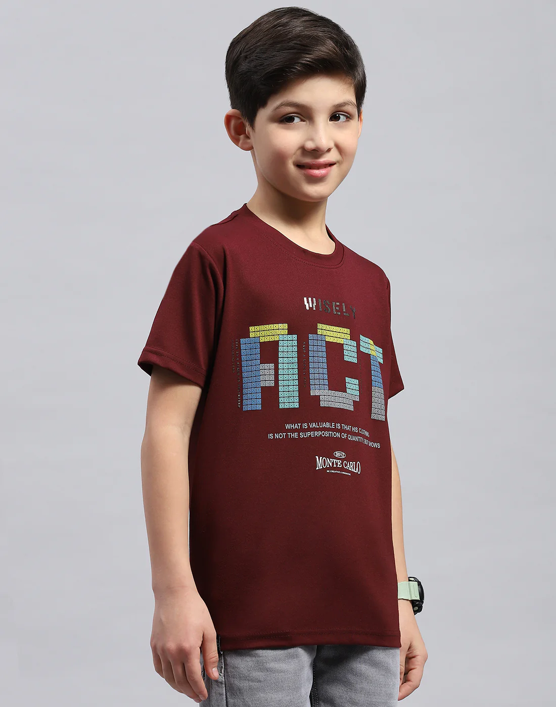 Boys Maroon Printed Round Neck Half Sleeve T-Shirt - Image 4