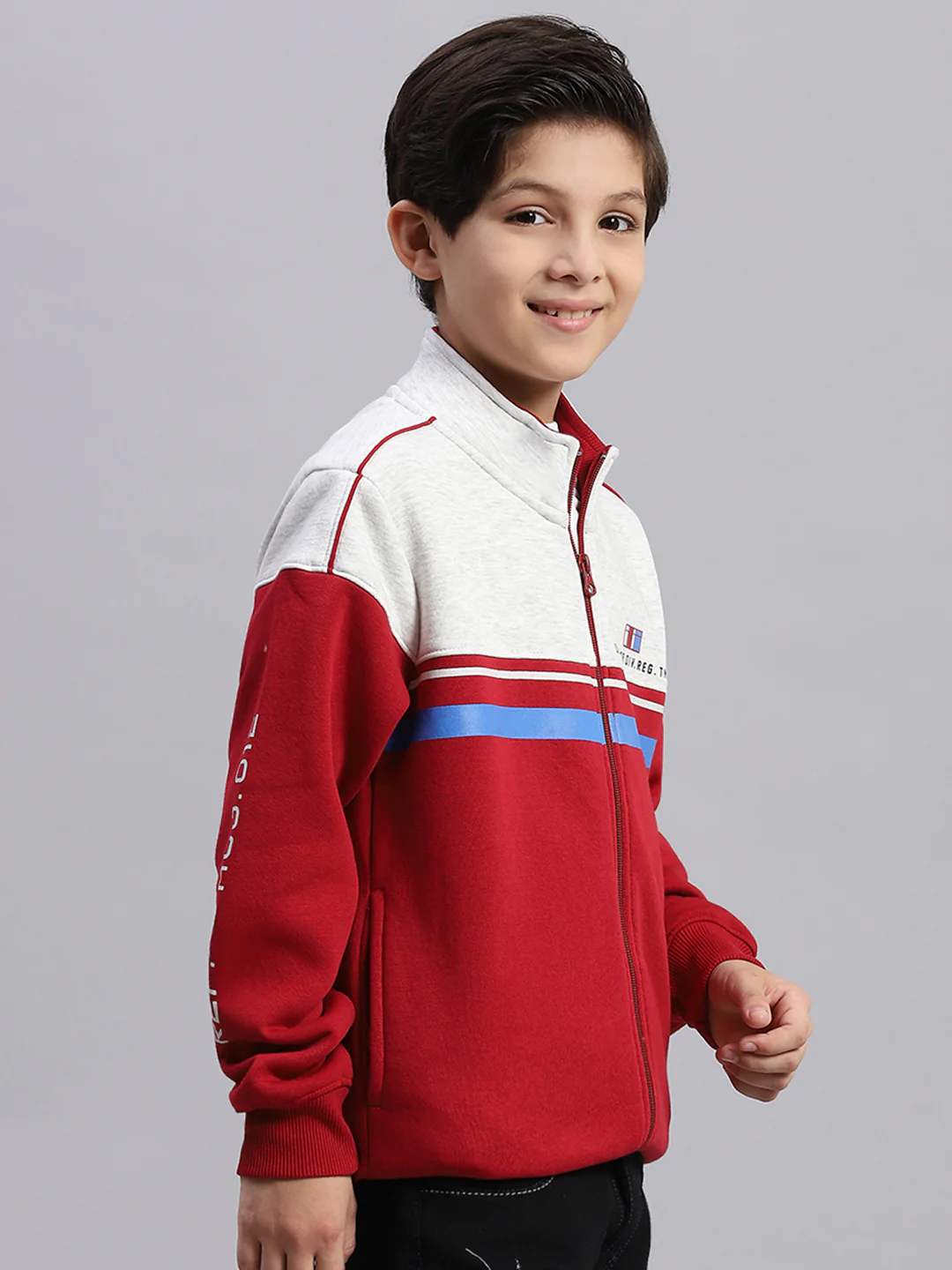 Boys Maroon Printed Stand Collar Full Sleeve Sweatshirt - Image 6