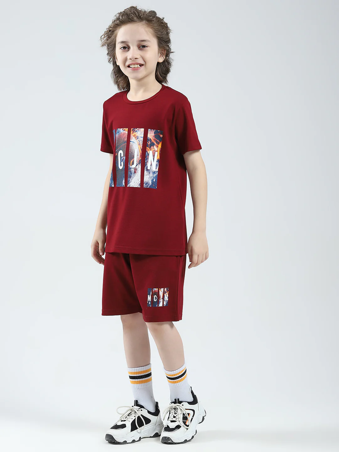 Boys Maroon Printed Round Neck Half Sleeve Bermuda Set - Image 3