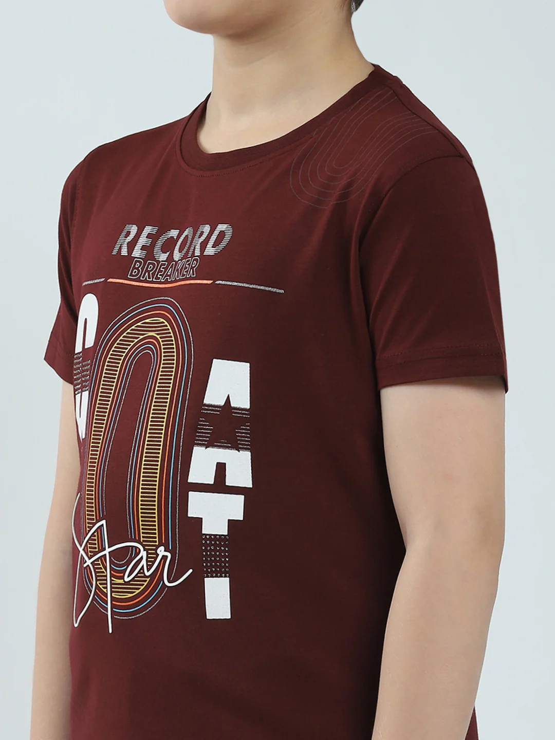 Boys Maroon Printed Round Neck Half Sleeve T-Shirt - Image 6