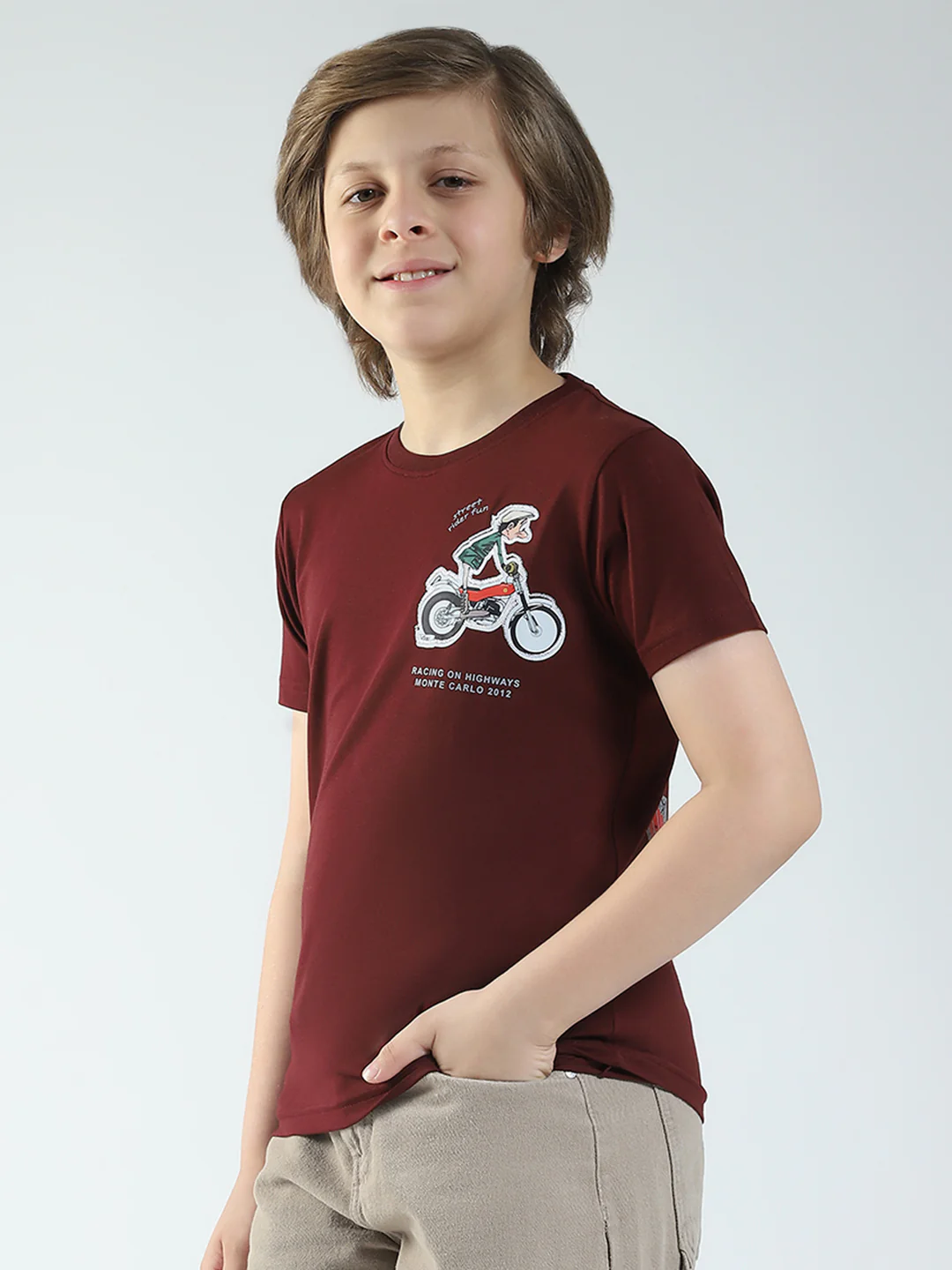 Boys Maroon Printed Round Neck Half Sleeve T-Shirt - Image 3