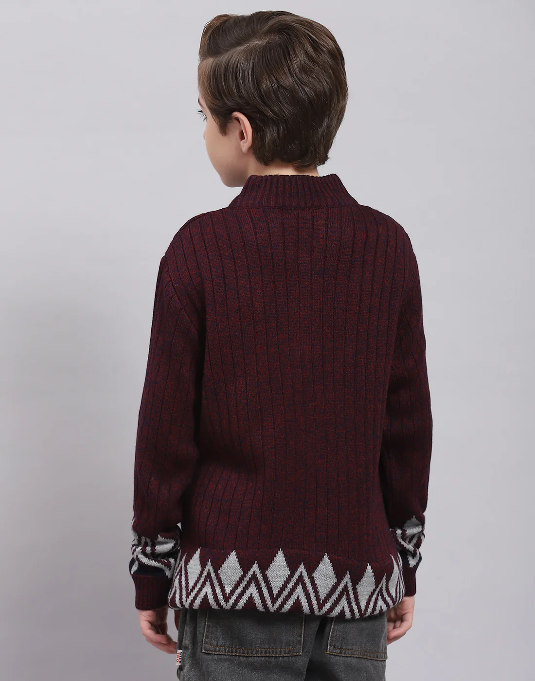 Boys Maroon Self Design Round Neck Full Sleeve Sweater - Image 6