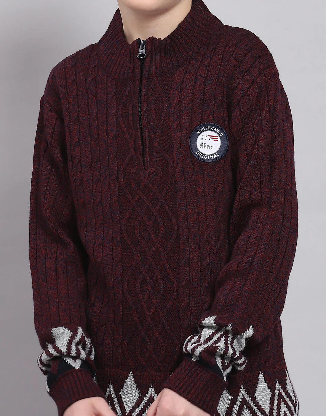 Boys Maroon Self Design Round Neck Full Sleeve Sweater - Image 7
