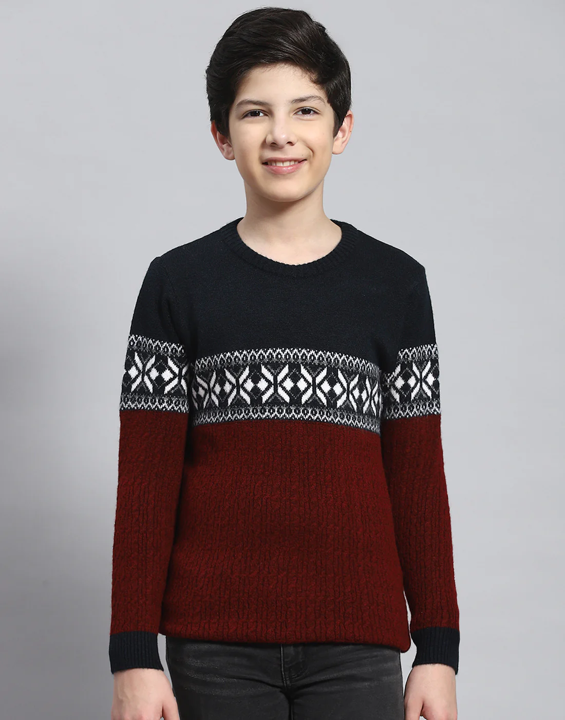 Boys Maroon Self Design Round Neck Full Sleeve Sweater - Image 2