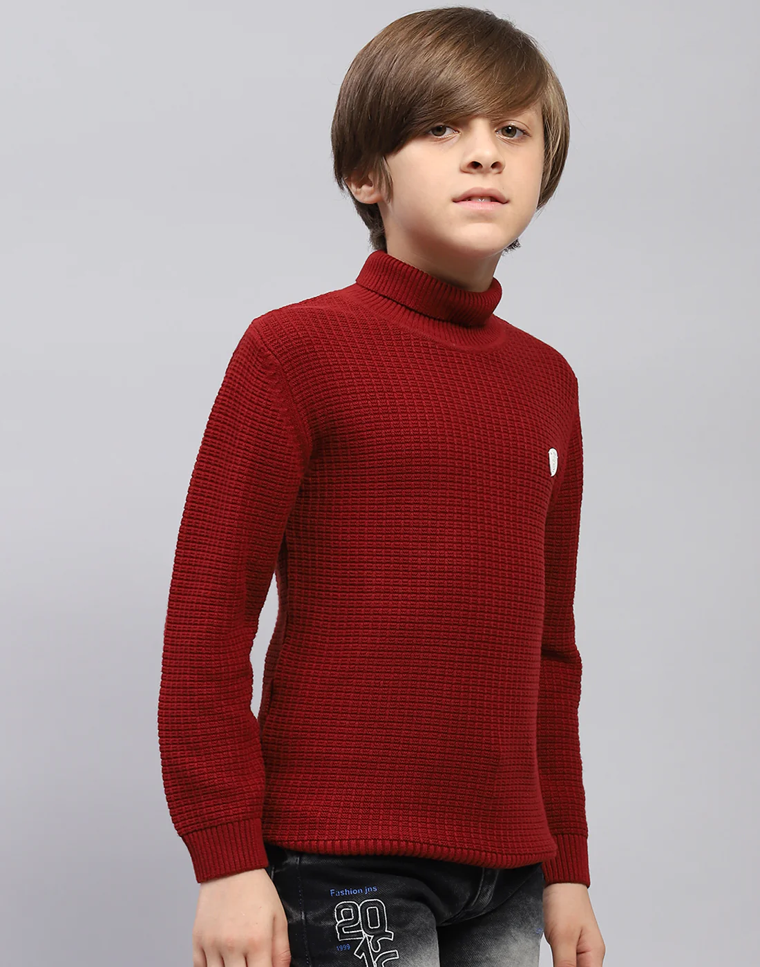Boys Maroon Self Design Turtle Neck Full Sleeve Pullover - Image 4