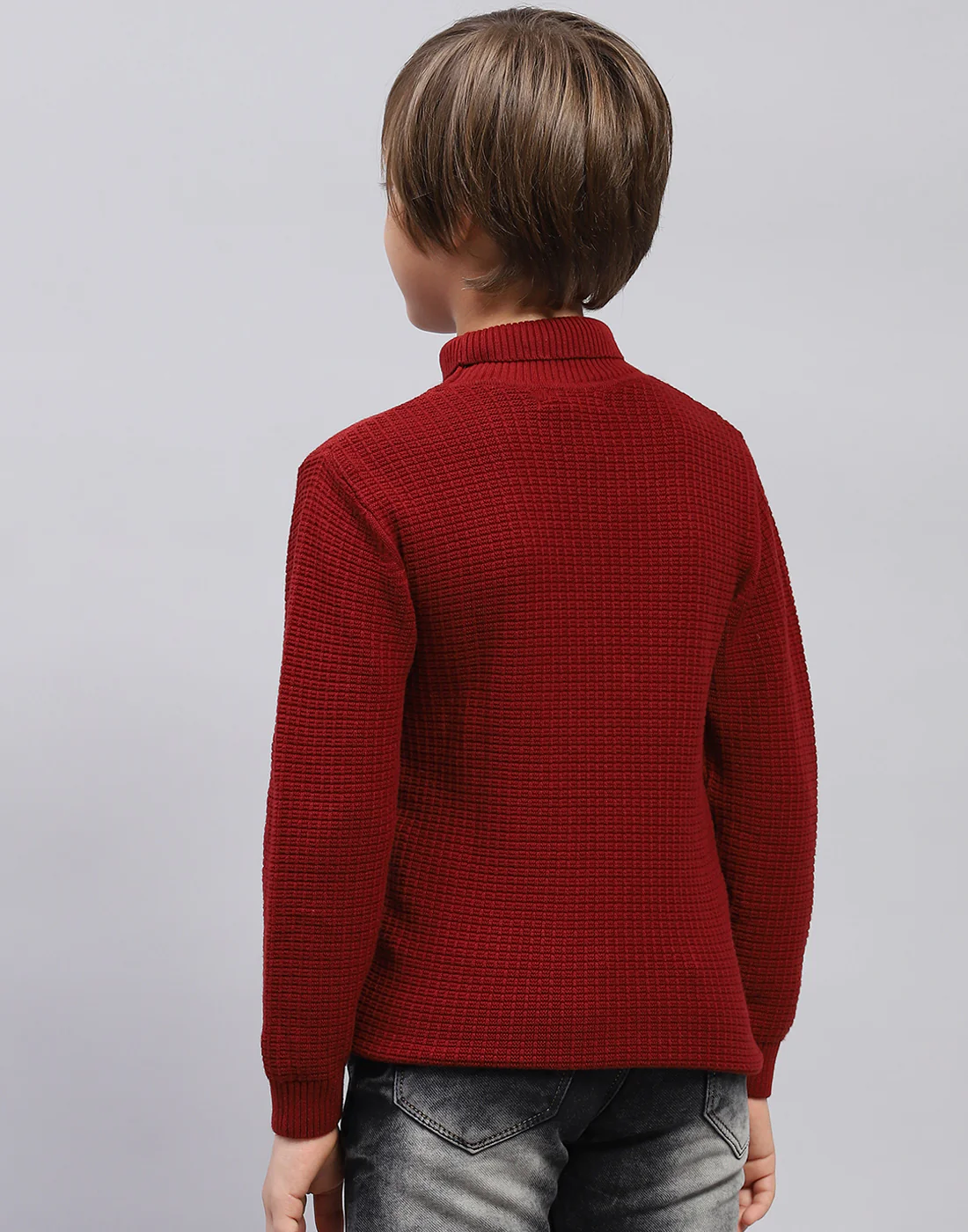 Boys Maroon Self Design Turtle Neck Full Sleeve Pullover - Image 5