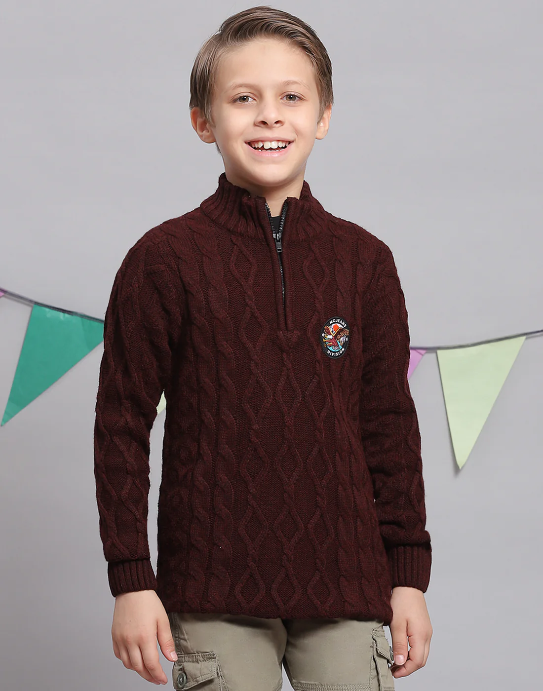 Boys Maroon Self Design H Neck Full Sleeve Sweater - Image 2