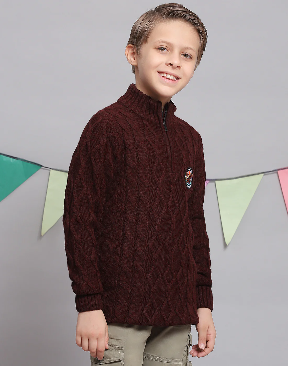Boys Maroon Self Design H Neck Full Sleeve Sweater - Image 4