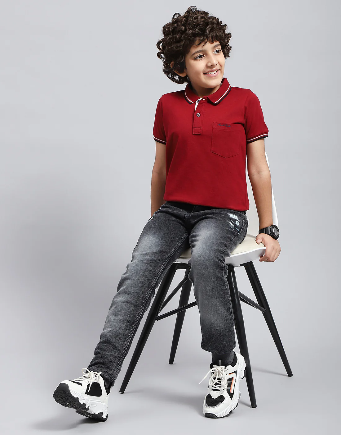 Boys Maroon Solid Polo Collar Half Sleeve T-Shirt - Image 2